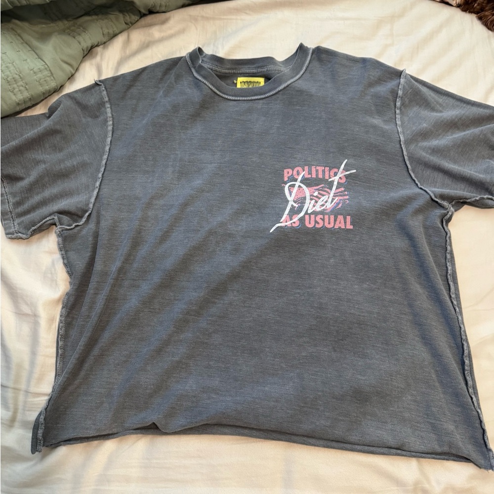 Gray Graphic T-Shirt with Pink and White Design